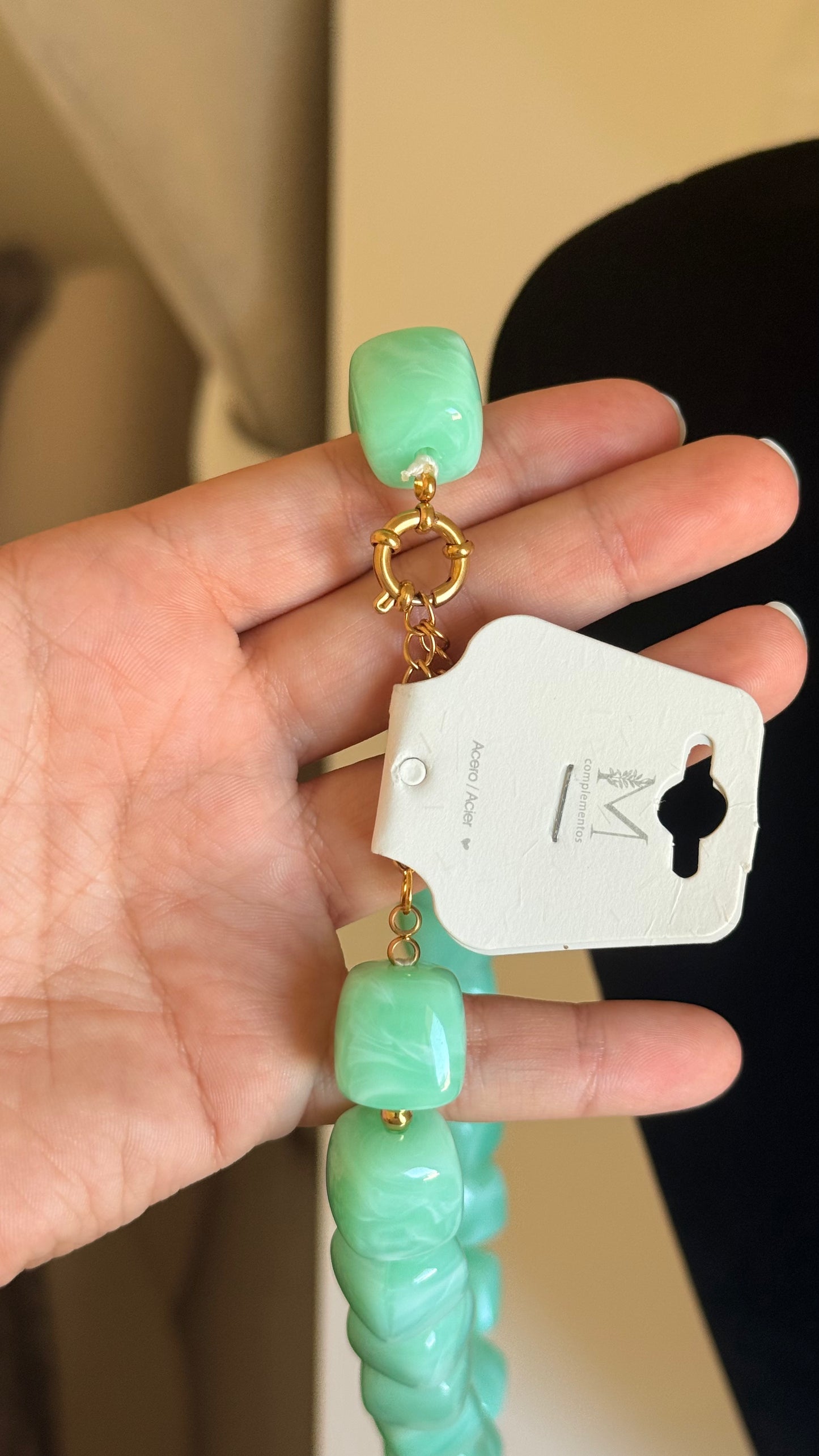 Collier perles carrées turquoise/vert menthe