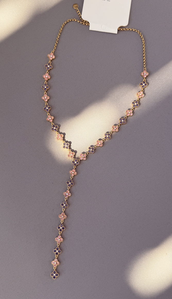 Collier sautoir Fleur strass rose/violet