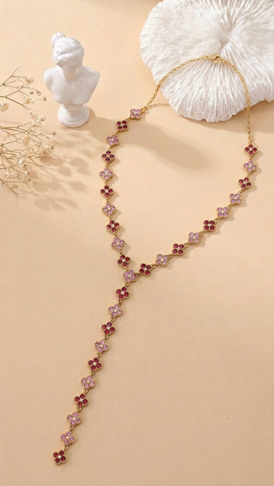 Collier sautoir Fleur strass rose/bordeaux