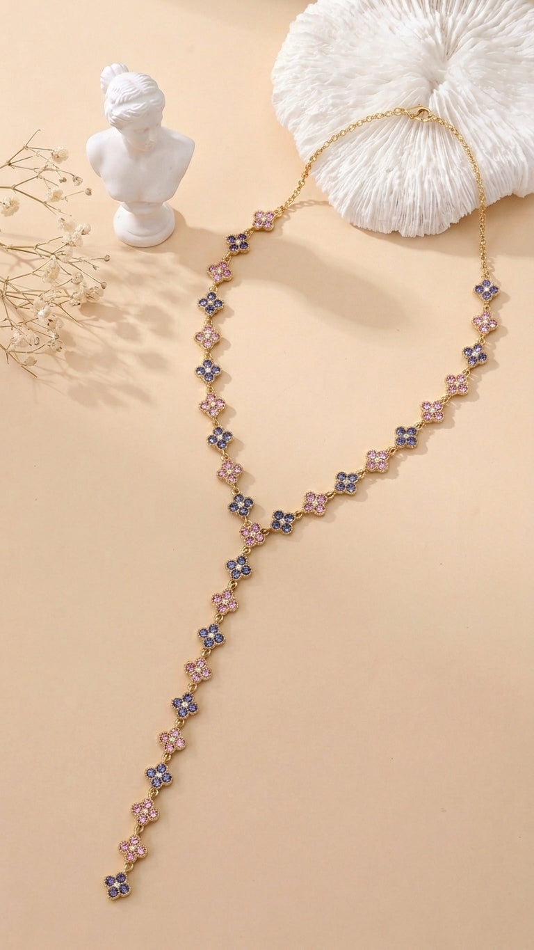 Collier sautoir Fleur strass rose/violet