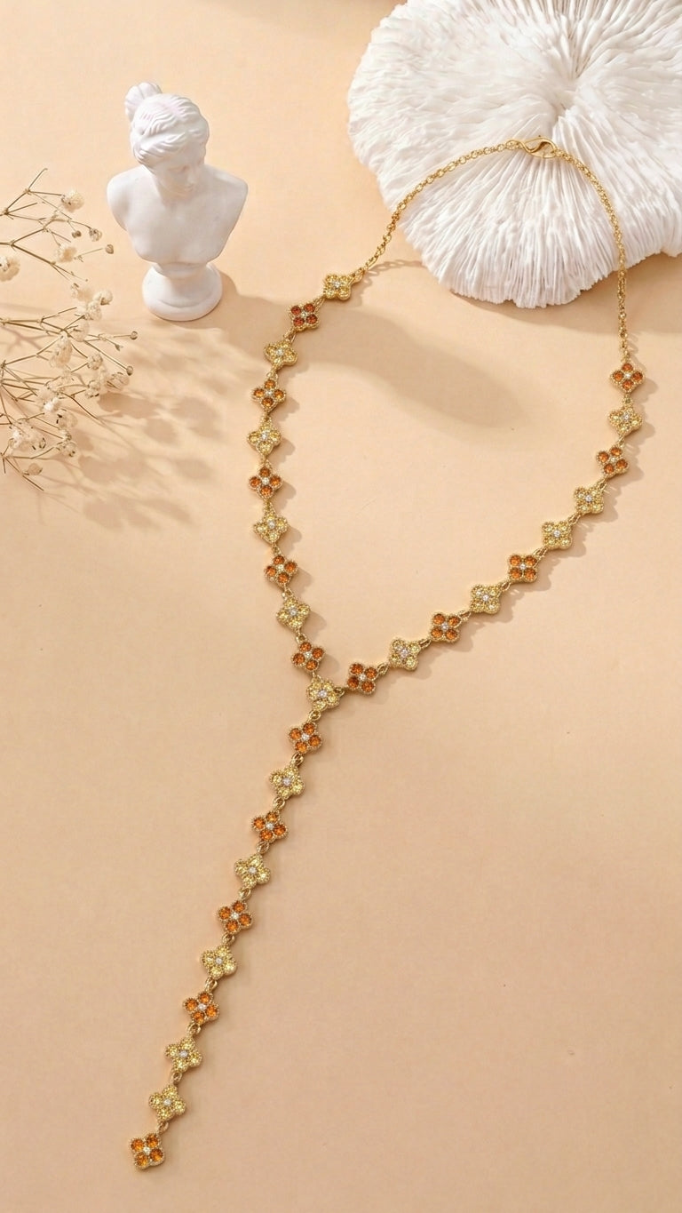 Collier sautoir Fleur strass jaune/orange