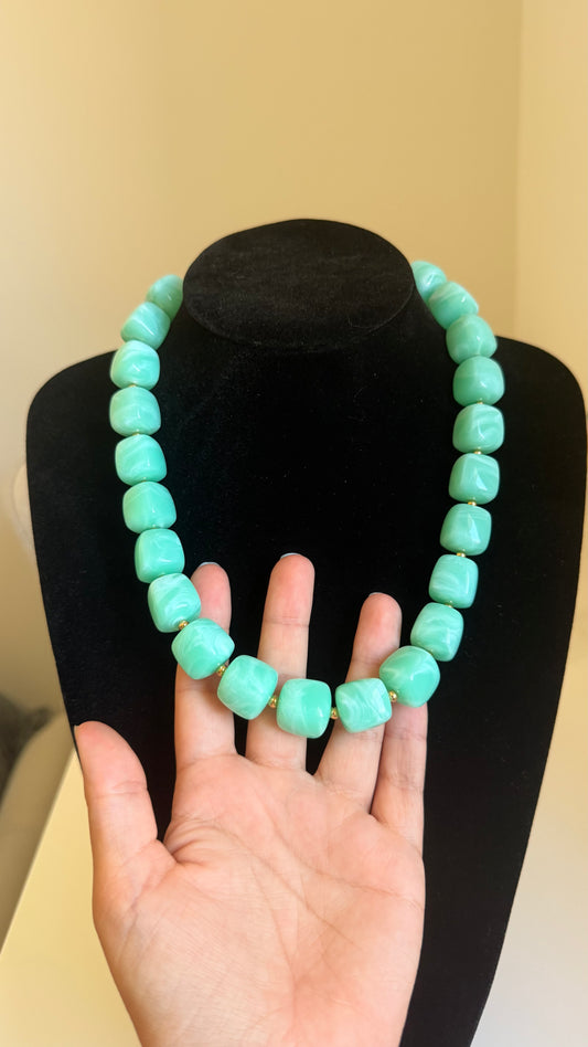 Collier perles carrées turquoise/vert menthe