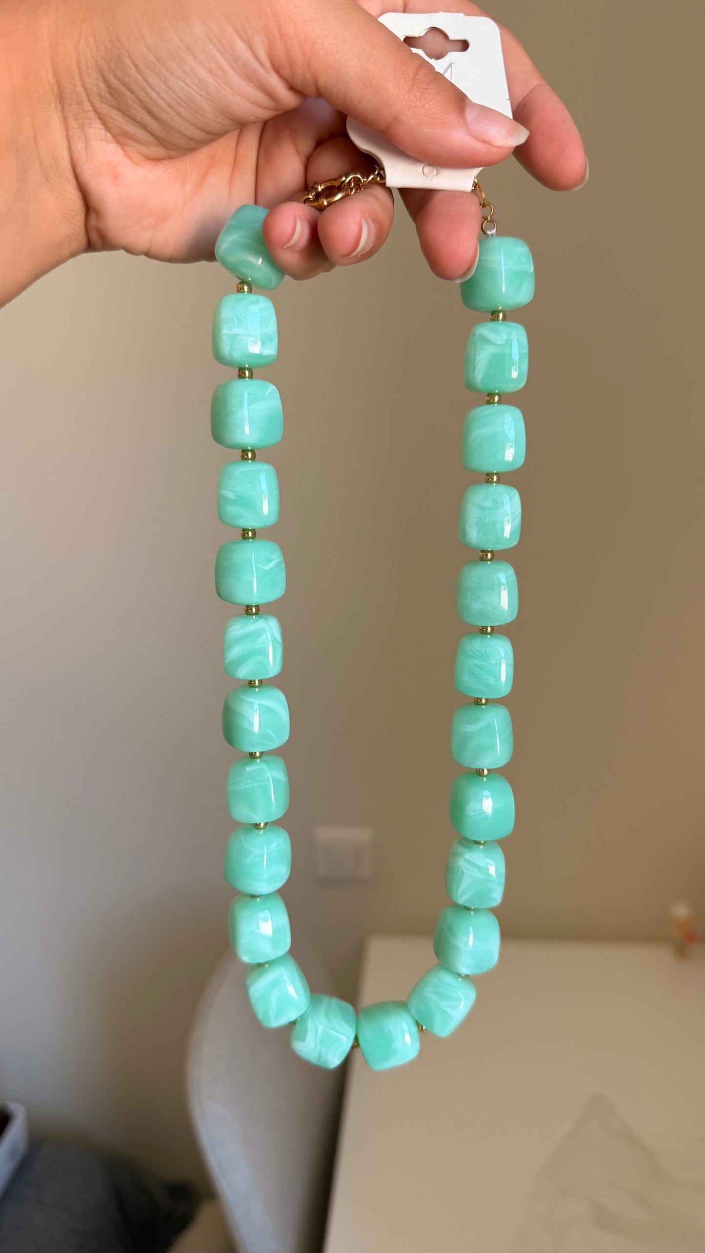 Collier perles carrées turquoise/vert menthe